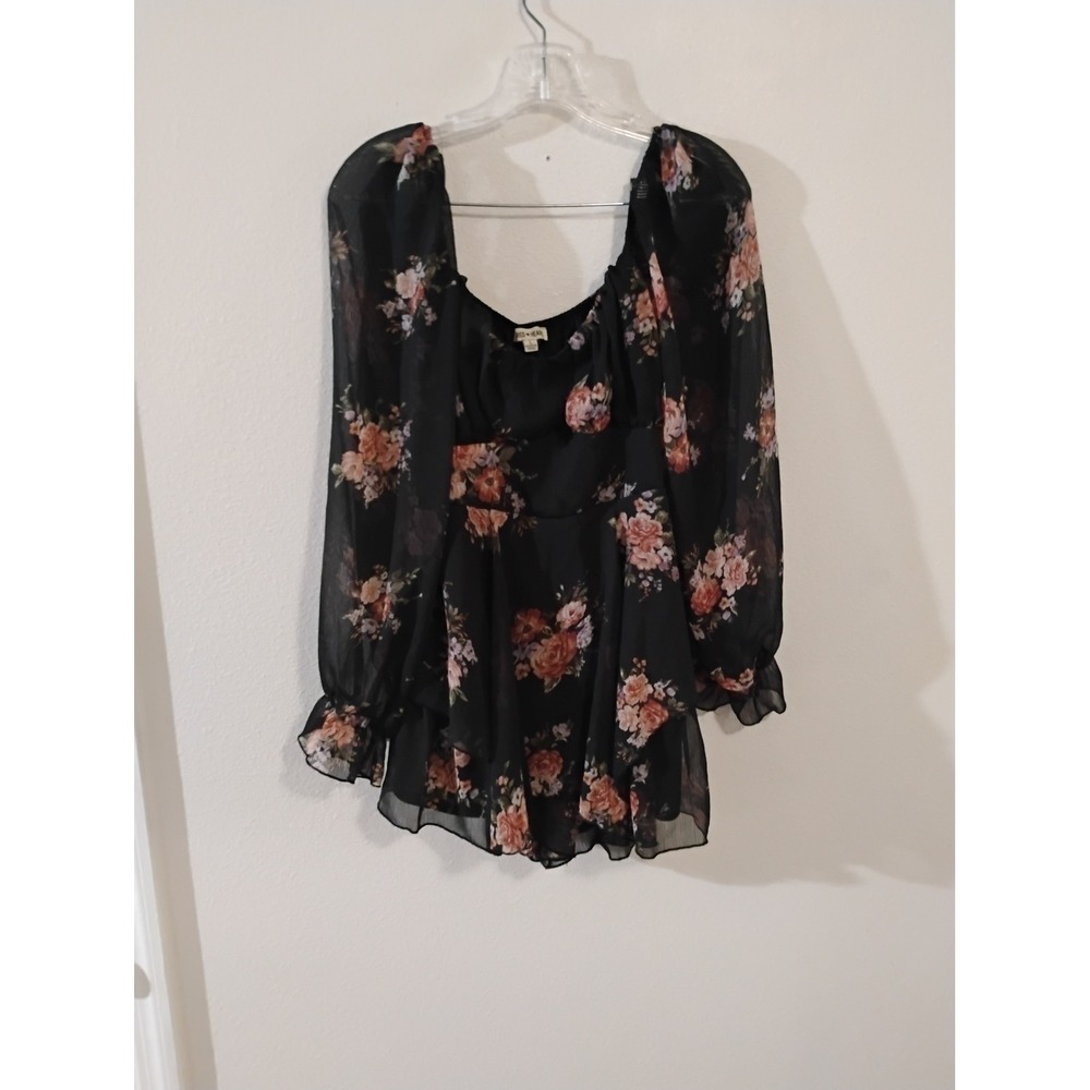 Inspired Hearts Black Floral Chiffon Long Sleeve Romper Large